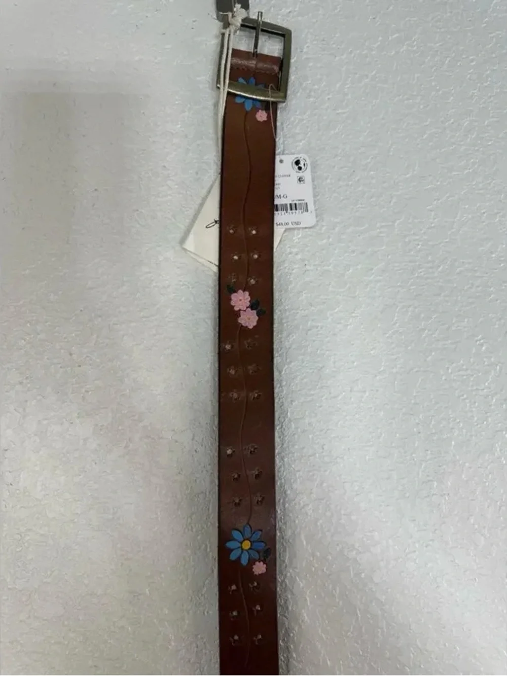 Free People Eye Candy Brown Leather Belt with Pink & Blue Floral Embroidery